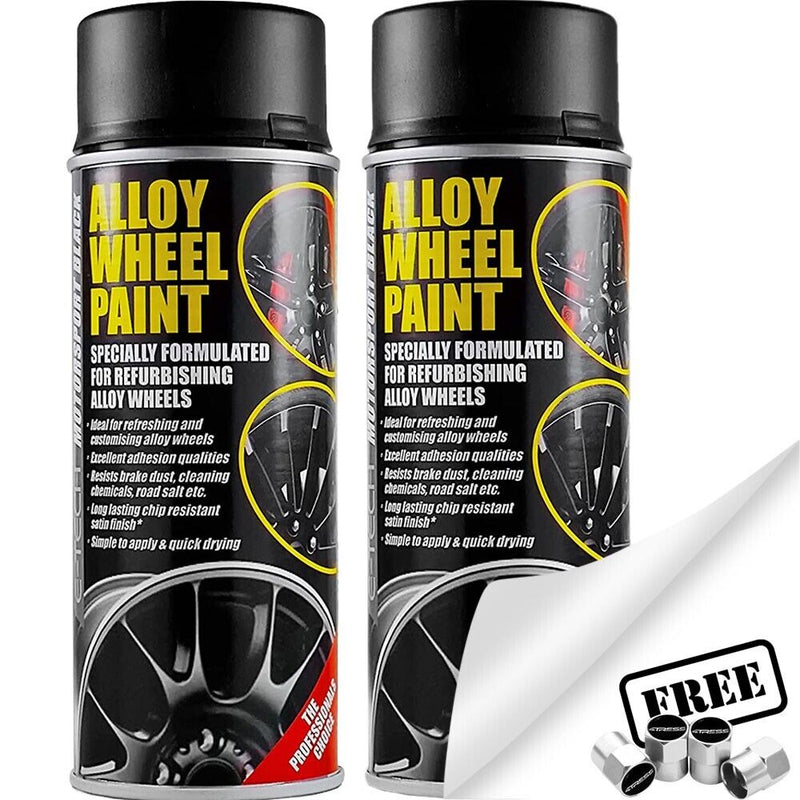 2x E-Tech Black Car Alloy Wheel Spray Paint Wheels Refurbishment Can 400ml +Caps