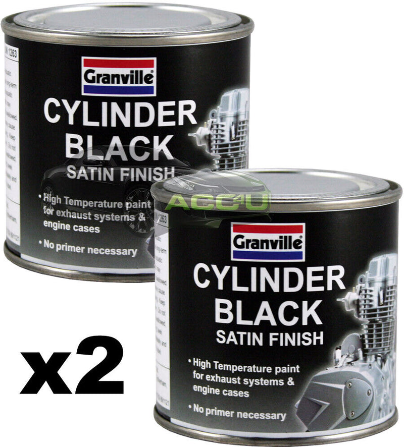 2x Granville CYLINDER BLACK SATIN High Temperature Exhaust Engine Cases Paint 250ml +Caps