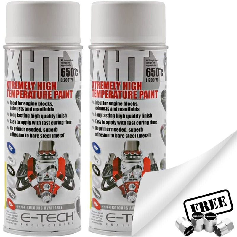 2x E-Tech WHITE XHT Xtremely High Temperature Car Engine Blocks Exhaust Spray Paint +Caps