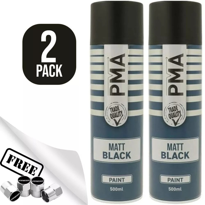 2x PMA Professional MATT BLACK Spray Paint 500ml Cans Fast Drying +Caps