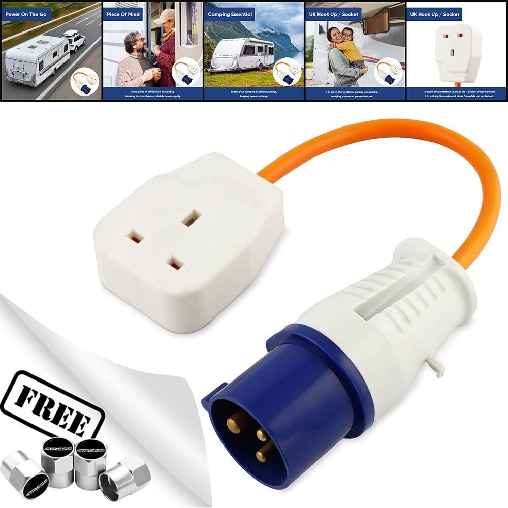 Caravan Camping 3 Pin Power Hookup Plug To Main Socket Converter Adapter + Caps