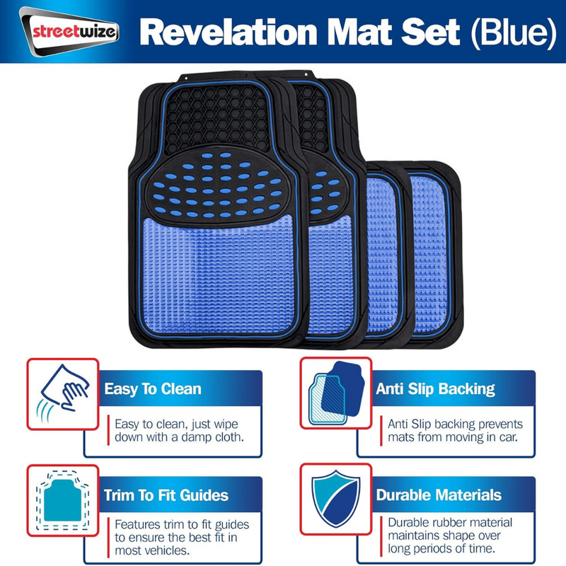 Streetwize SWUXM5 Revelation Mat Set - Metallic Blue Anti-Slip Car Mats | Heavy Duty, All-Weather Protection