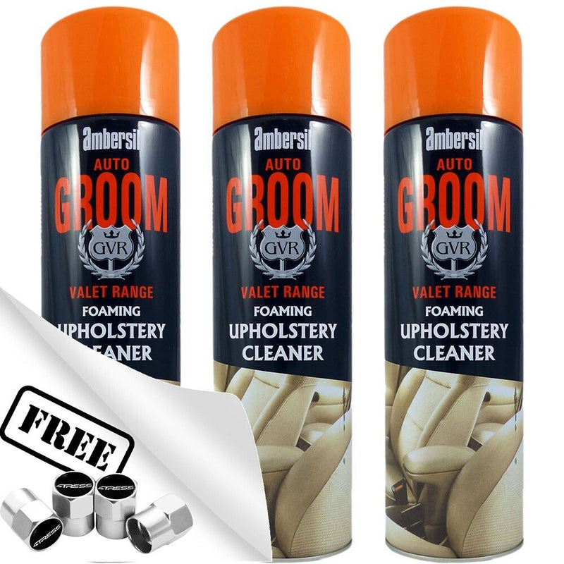 3x Ambersil Groom Car Interior Seats Carpet Trim Upholstery Foam Cleaner + Caps