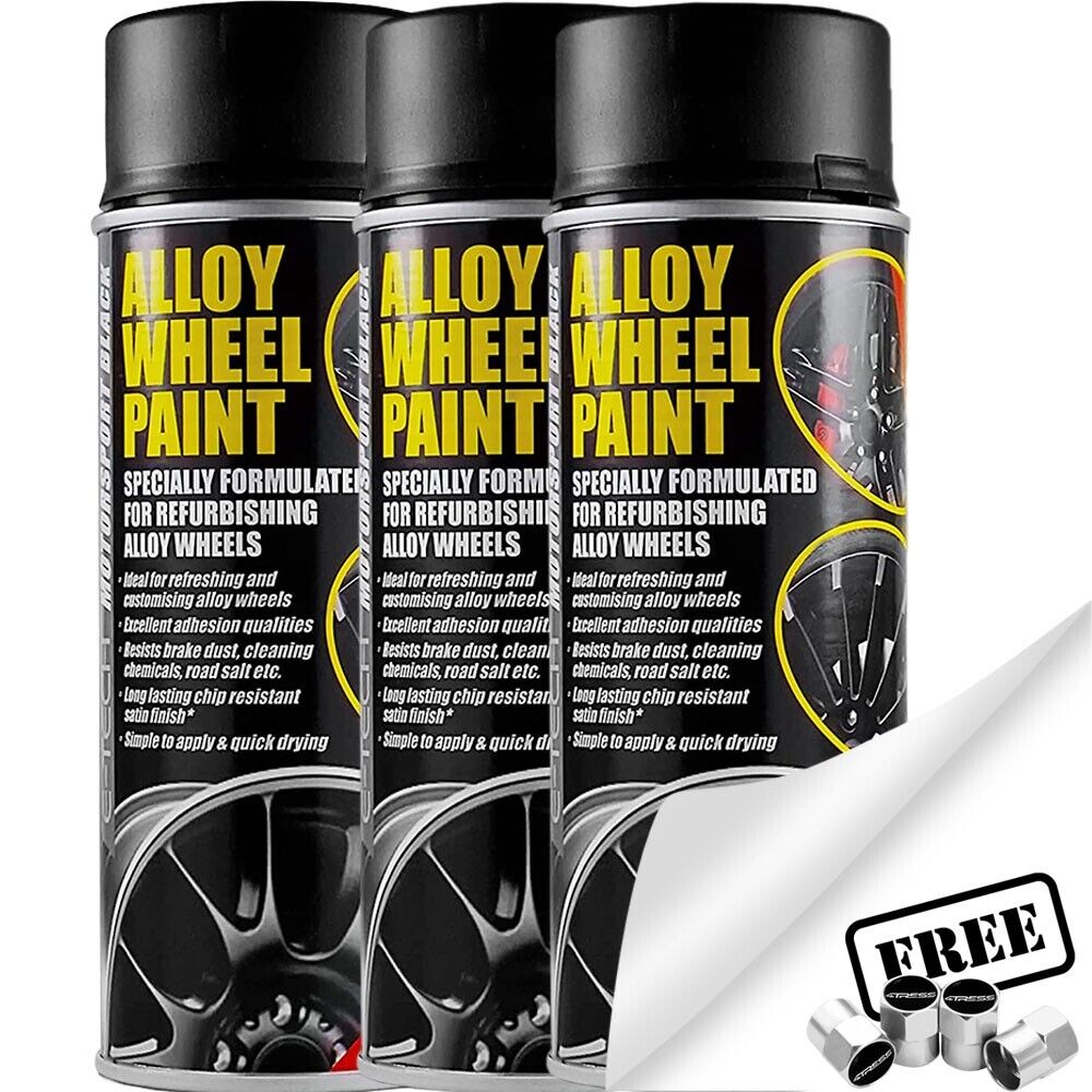 3x E-Tech Black Car Alloy Wheel Spray Paint Wheels Refurbishment Can 400ml +Caps