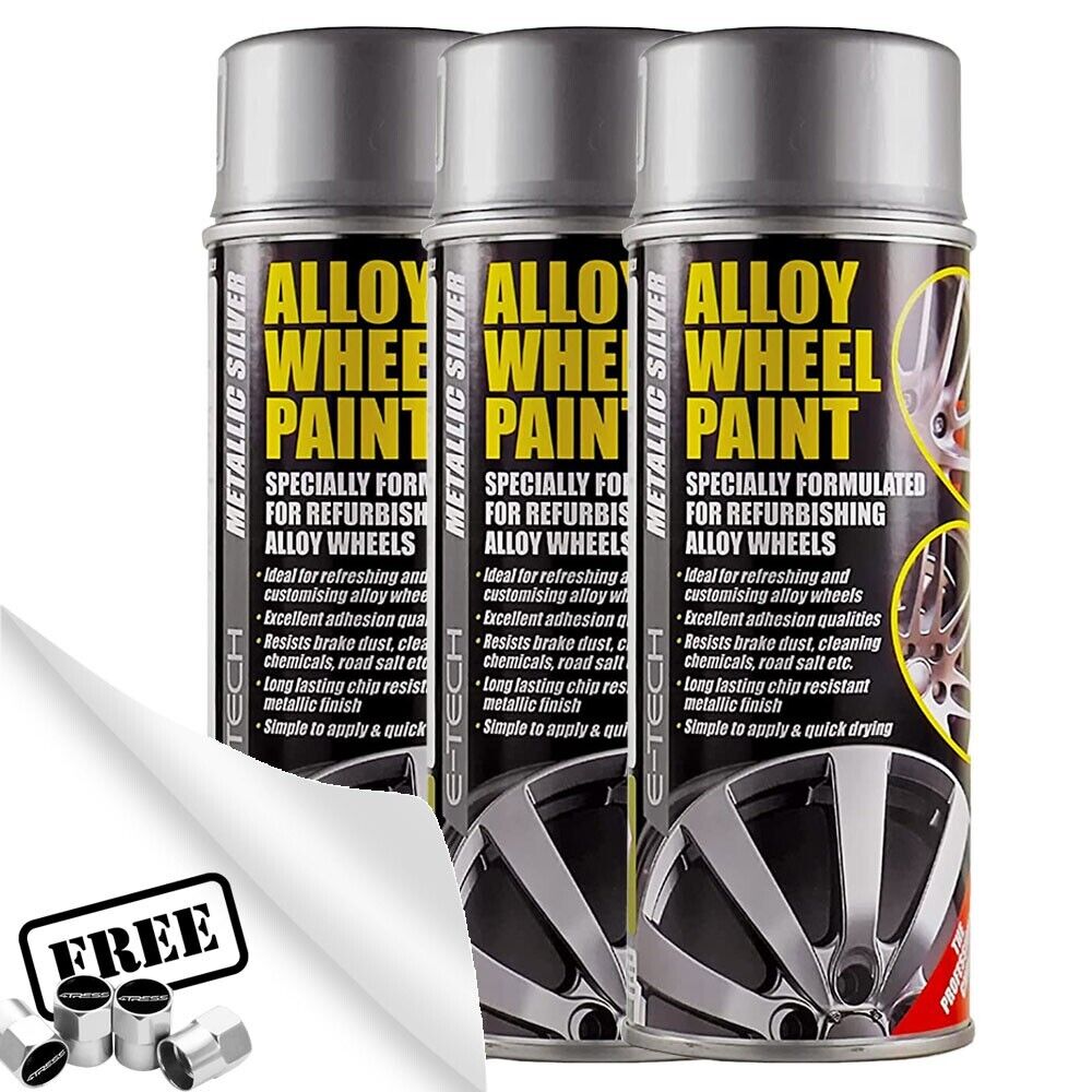 3x E-Tech Metallic Silver Car Alloy Wheel Refurbishment Spray Paint 400ml +Caps