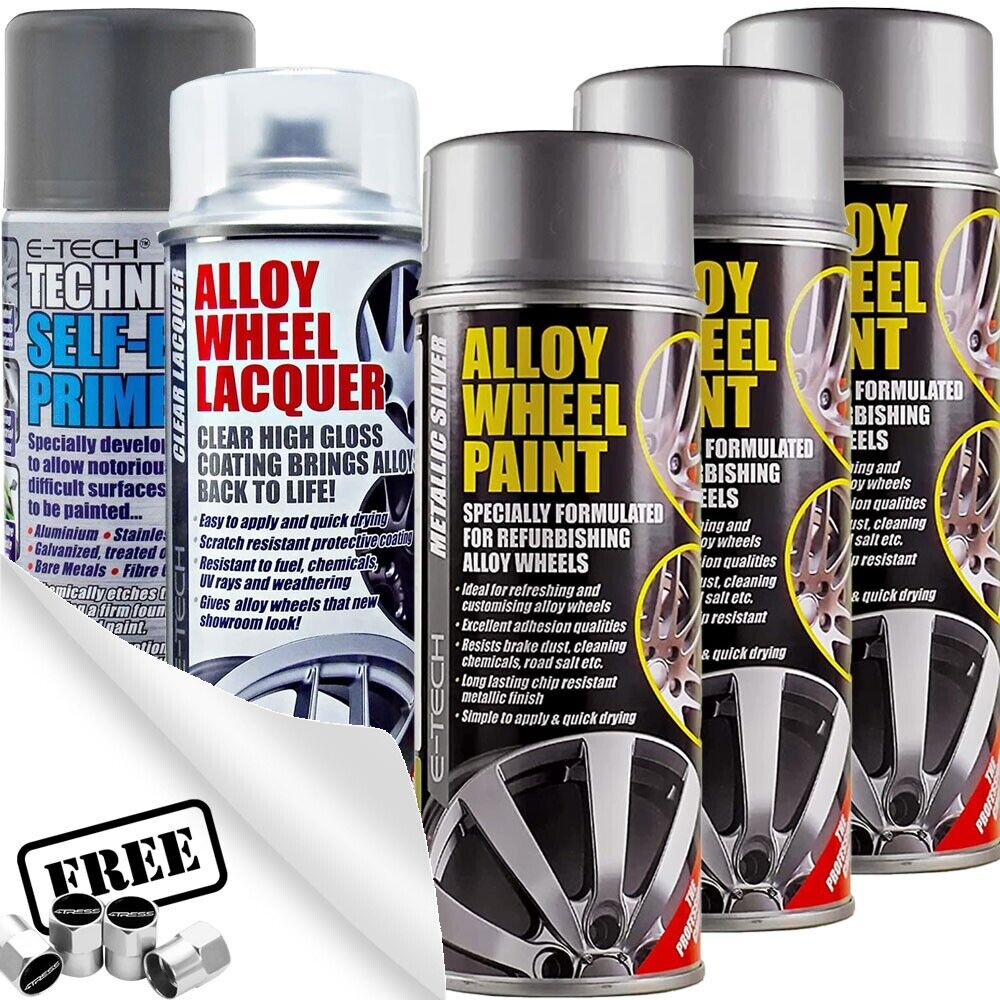 3x E-Tech Car Alloy Wheel SILVER Spray Paint + Lacquer + Self-Etch Primer +Caps