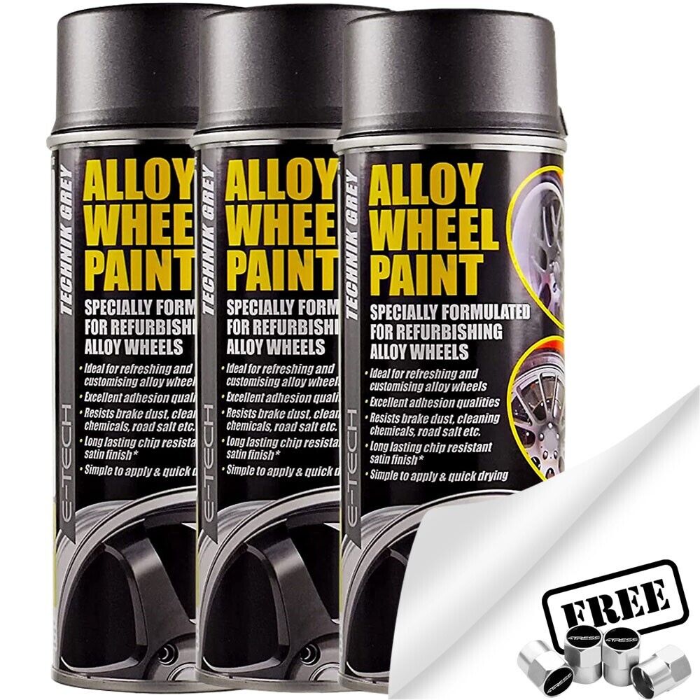 3x E-Tech Technik Grey Car Alloy Wheel Spray Paint Refurbishment Can 400ml +Caps