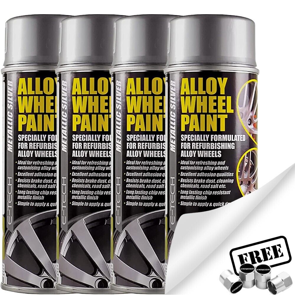 4x E-Tech Metallic Silver Car Alloy Wheel Refurbishment Spray Paint 400ml +Caps