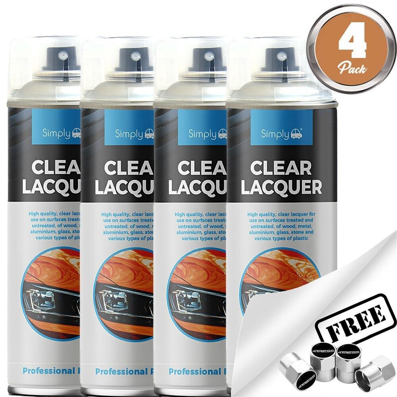 4x Simply CLEAR LACQUER Spray Paint For Metal Wood Plastic Stone 500ml SP-023 +Caps