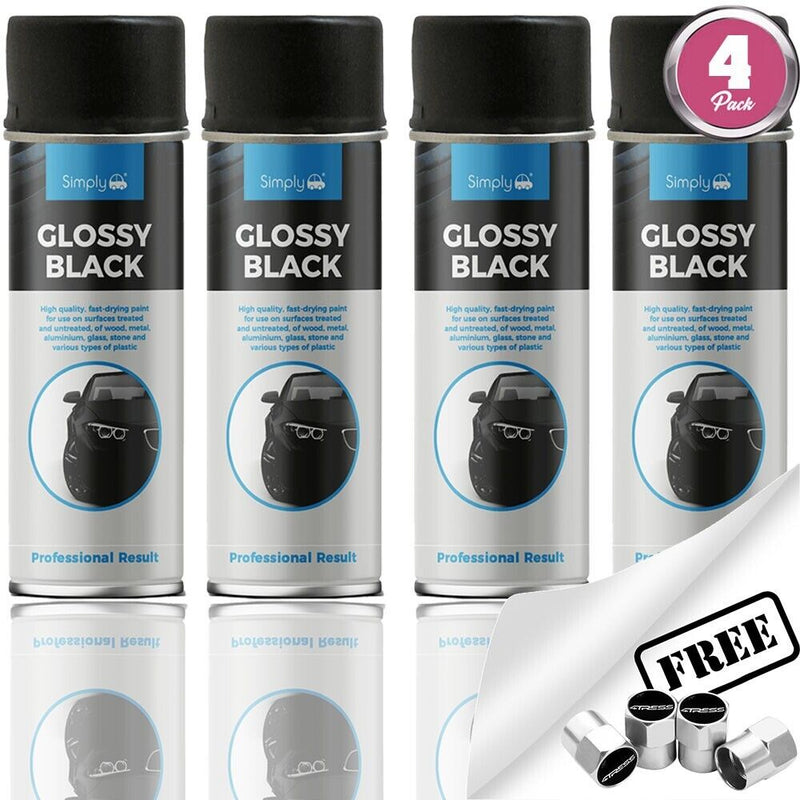 4 x Simply GLOSS BLACK Spray Paint Metal, Wood, Plastic, Stone 500ml +Caps