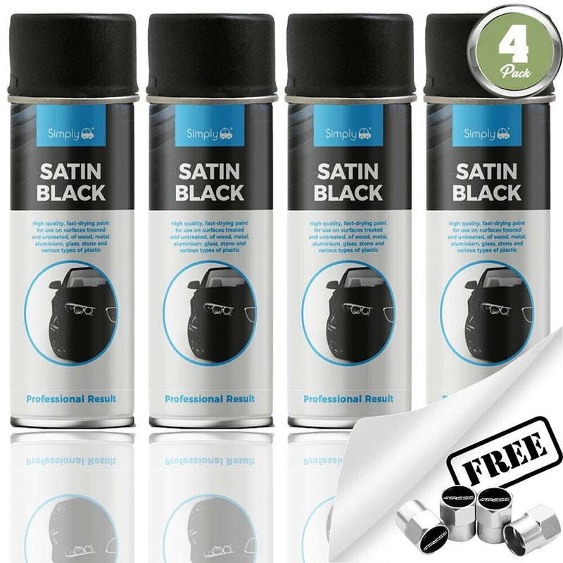 4 x Simply SATIN BLACK Spray Paint Metal, Wood, Plastic, Stone 500ml + Caps