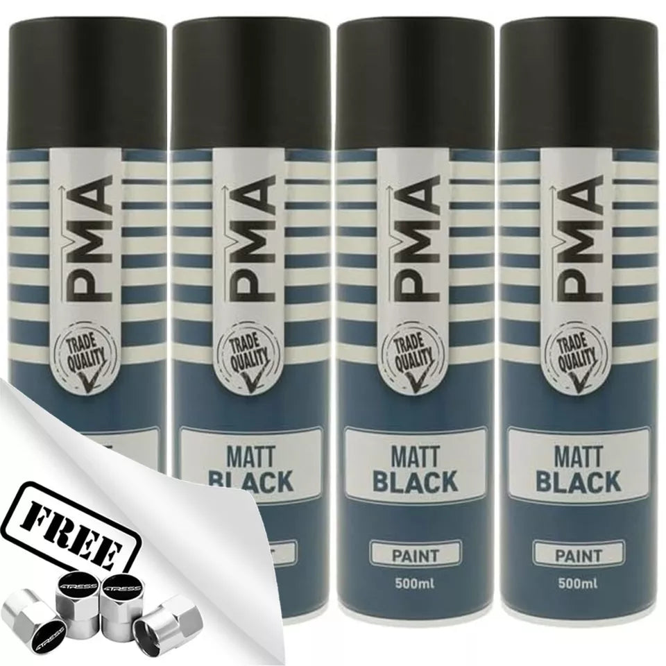 4x PMA Professional MATT BLACK Spray Paint 500ml Cans Fast Drying +Caps