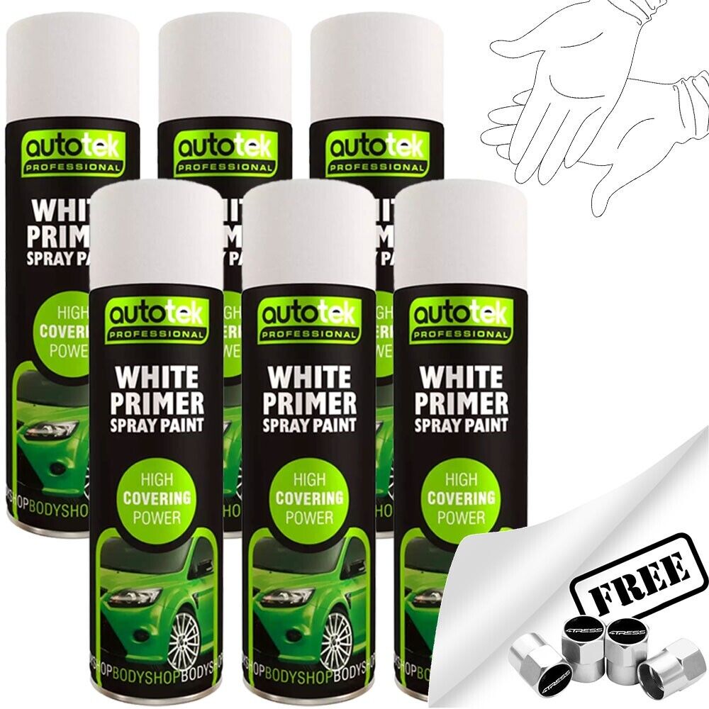 6x AUTOTEK WHITE PRIMER Aerosol Spray Paint Professional Hi Covering Power+G+Caps