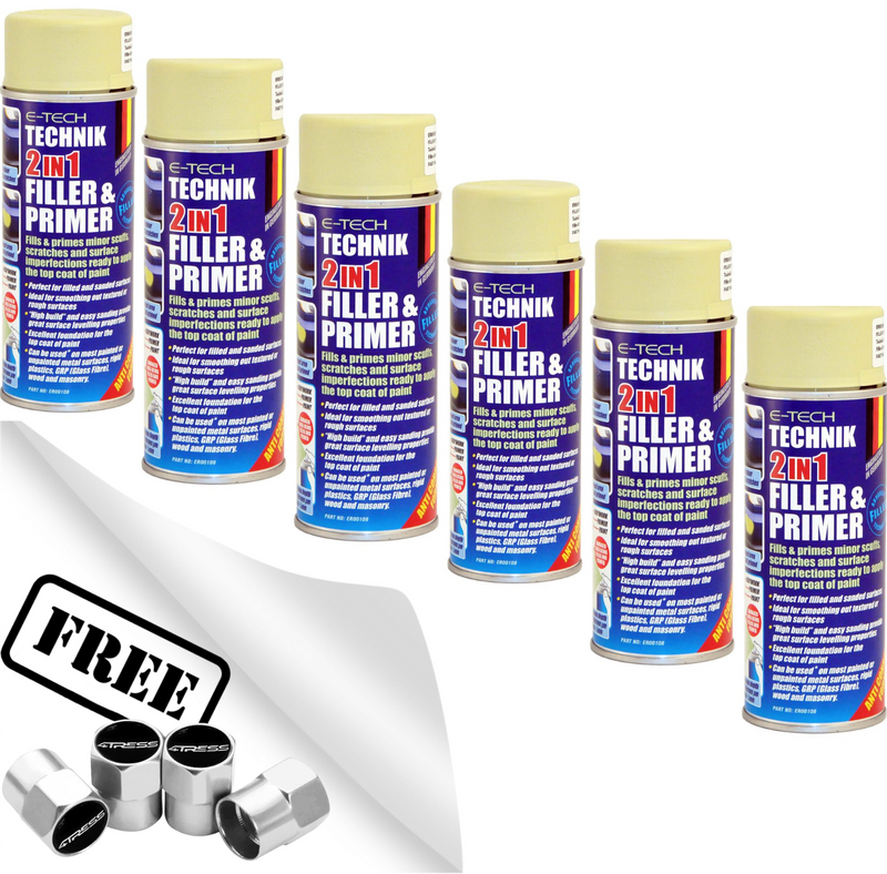 6x E-Tech TECHNIK 2 in 1 High Build Filler & Primer Spray Paint 400ml Cans +Caps