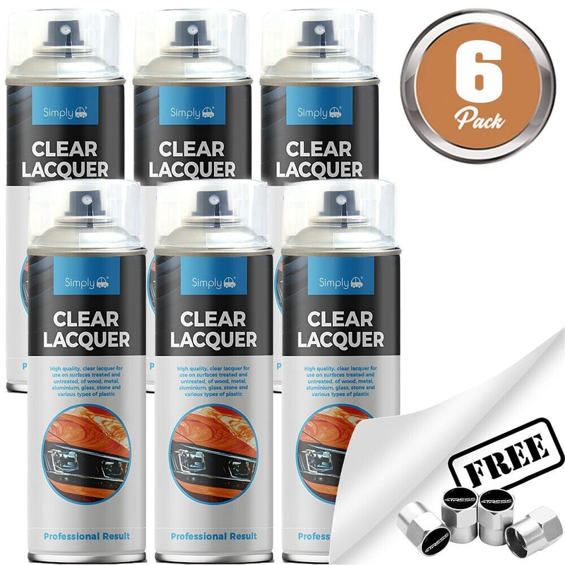 6x Simply CLEAR LACQUER Spray Paint For Metal Wood Plastic Stone 500ml SP-023 +Caps