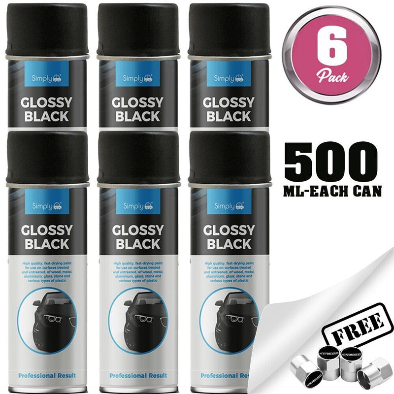 6 x Simply GLOSS BLACK Spray Paint Metal, Wood, Plastic, Stone 500ml +Caps