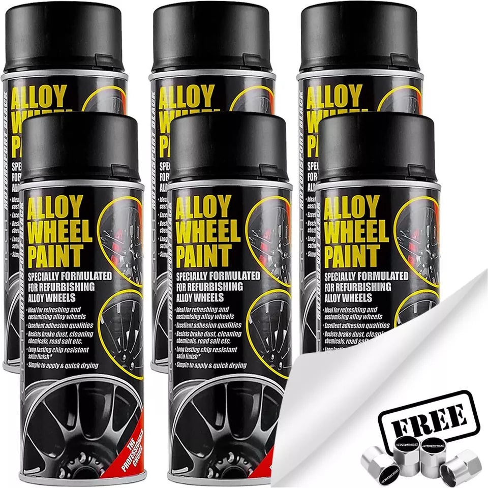 6x E-Tech Black Alloy Wheel Spray Paint Car Wheels Refurbishment 400ml +Caps