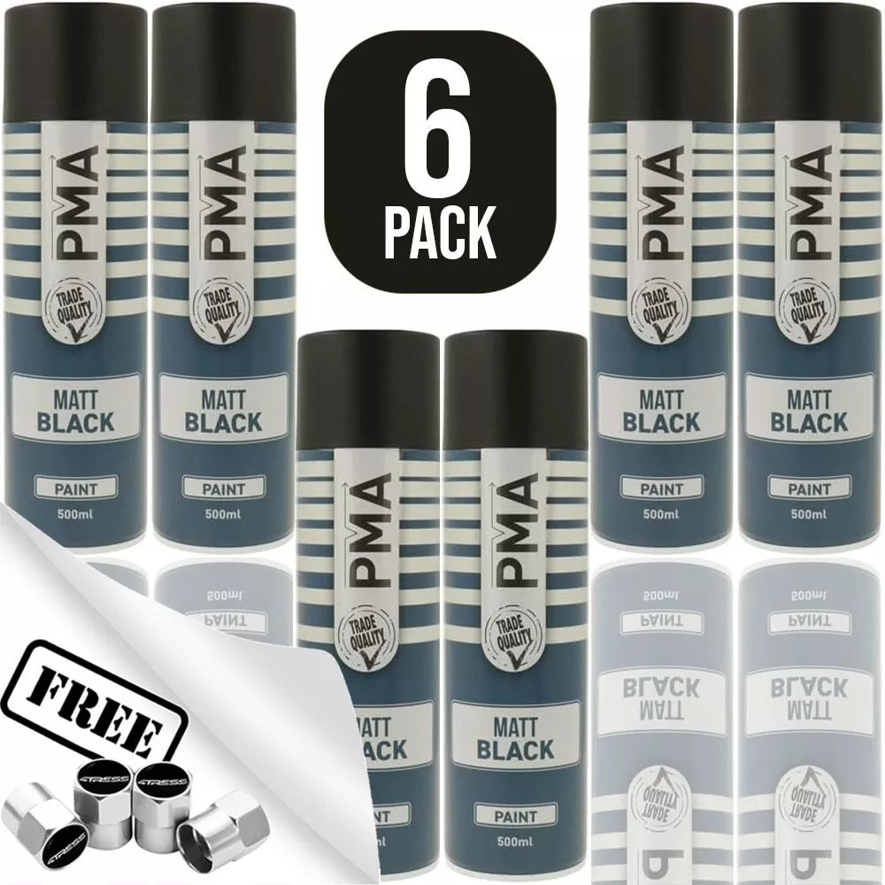 6x PMA Professional MATT BLACK Spray Paint 500ml Cans Fast Drying +Caps