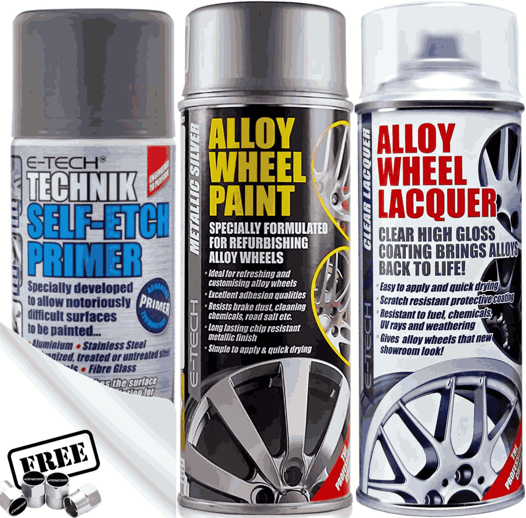 E-Tech SILVER Car Alloy Wheel Spray Paint +Clear Lacquer +Self Etch Primer Package +Caps