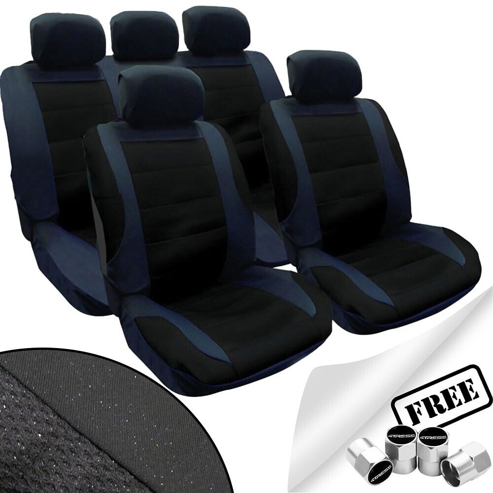 BLACK Mesh Racing Look Airbag Compatible Car Front Rear Seat Covers Set + Caps