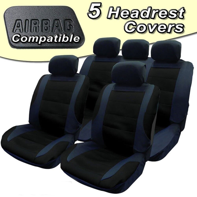 BLACK Mesh Racing Look Airbag Compatible Car Front Rear Seat Covers Set + Caps