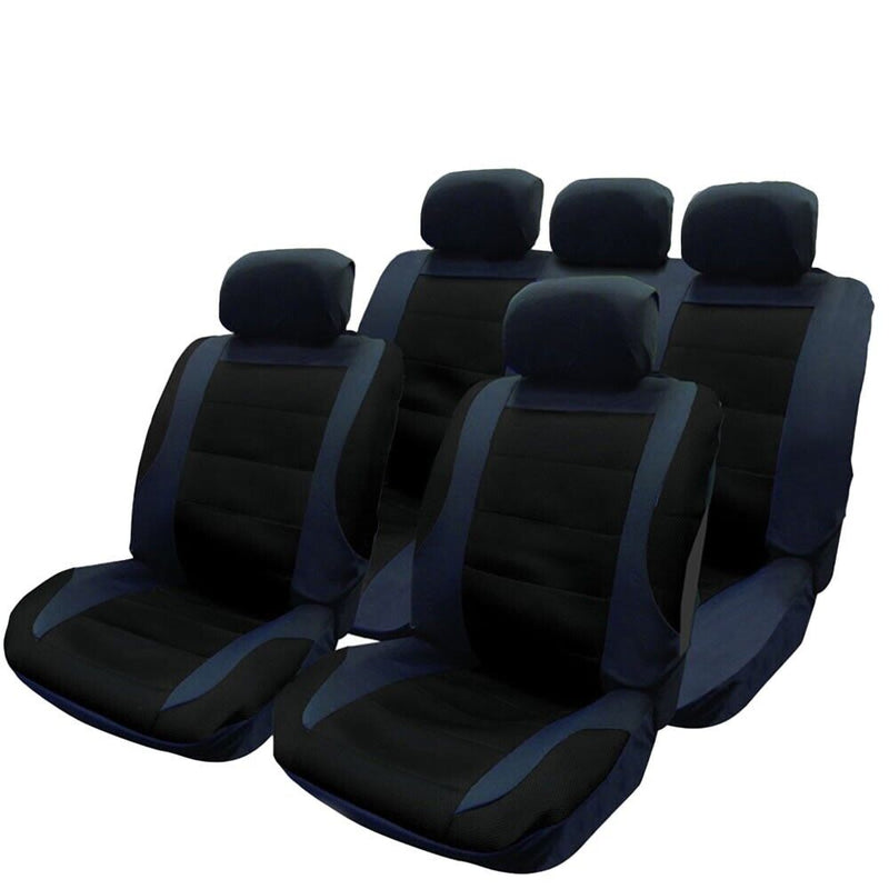 BLACK Mesh Racing Look Airbag Compatible Car Front Rear Seat Covers Set + Caps