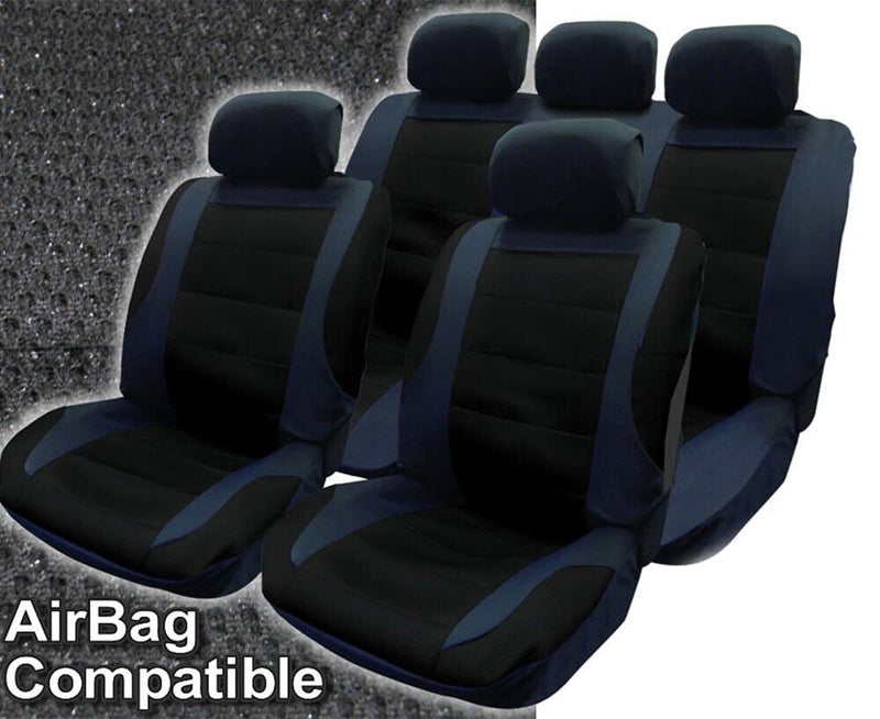 BLACK Mesh Racing Look Airbag Compatible Car Front Rear Seat Covers Set + Caps