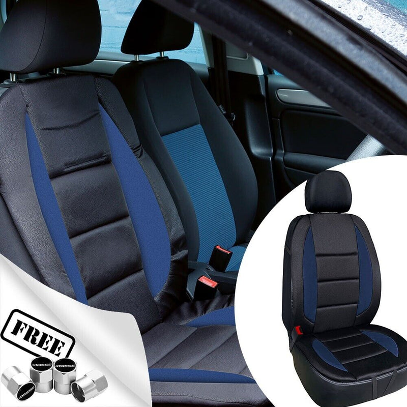 Car Van 4x4 Leather Look Black Blue Padded Front Seat Cushion Cover +Caps