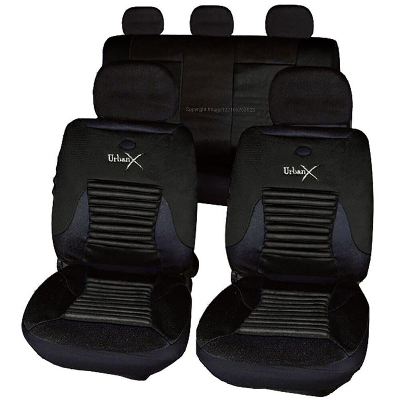 Black Mesh Look Lumbar BACK SUPPORT Airbag Car Seat Covers Set Package +Caps