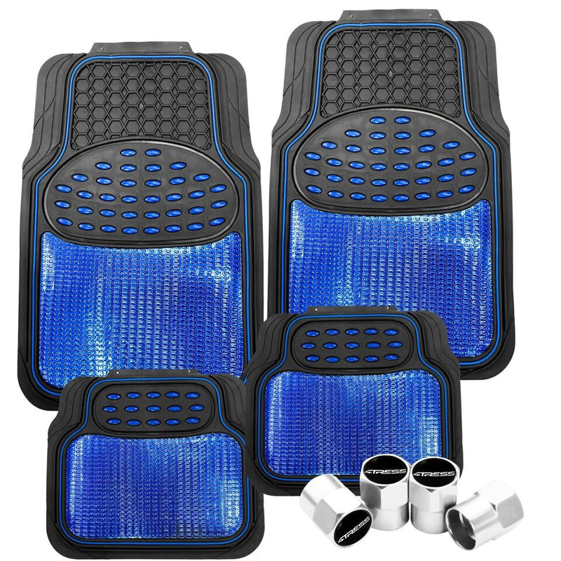 Black Shiny BLUE Car Rubber Mats Metallic Heavy Duty Non Slip +Caps