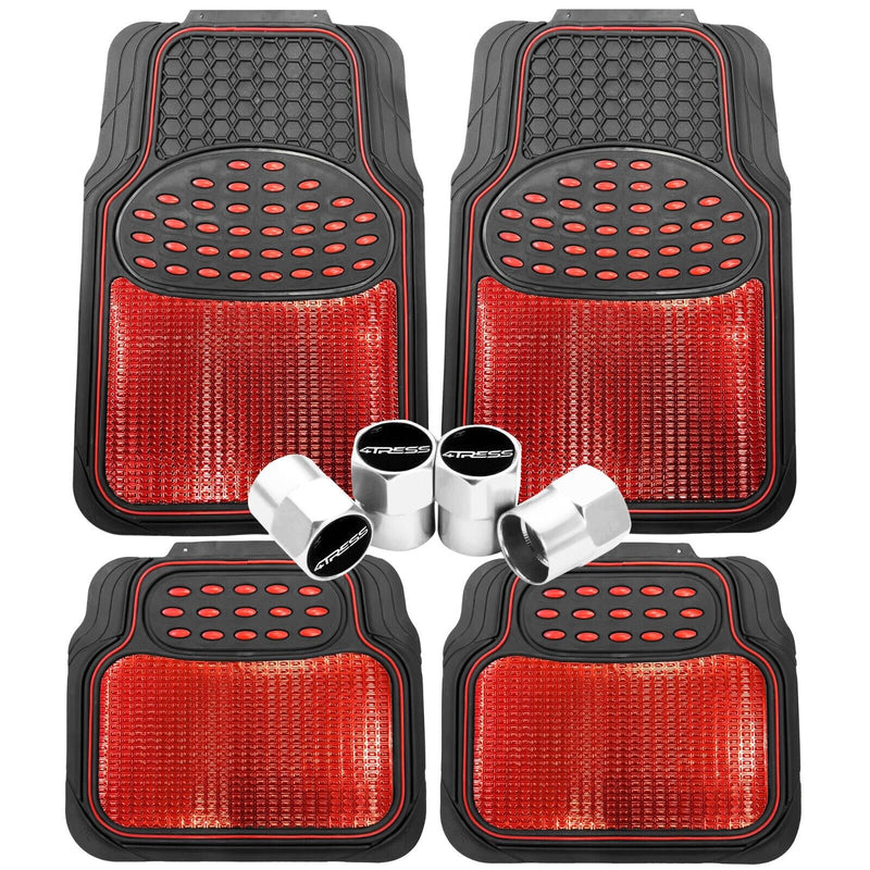 Black Shiny Red Car Rubber Mats Metallic Heavy Duty Non Slip +Caps