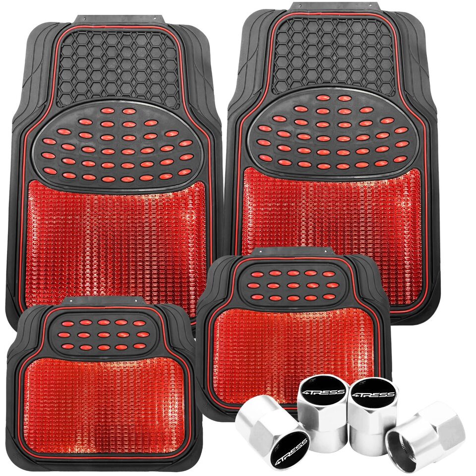 Black Shiny Red Car Rubber Mats Metallic Heavy Duty Non Slip +Caps