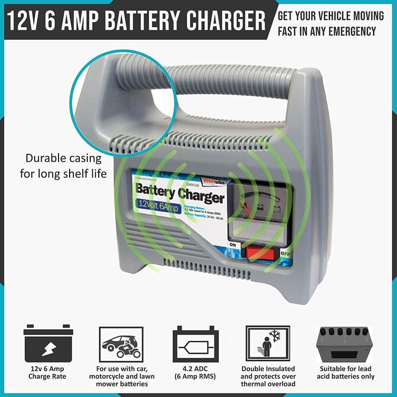 12v 6A Car Bike Battery Charger Portable Analogue Display 20Ah-80Ah +Caps