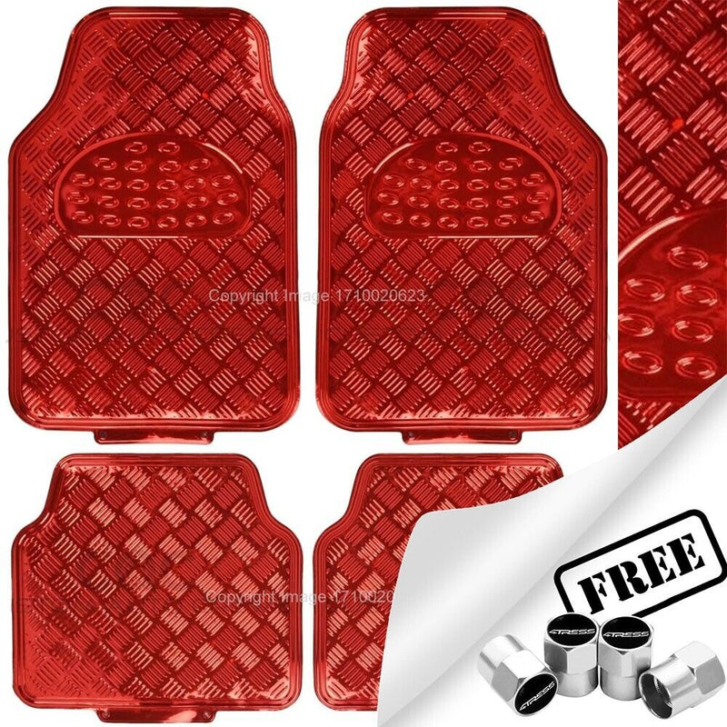 Car Rubber Floor Mats Set Shiny Red Checker Chrome Style Effect 4Pcs SWUXM3 +Caps