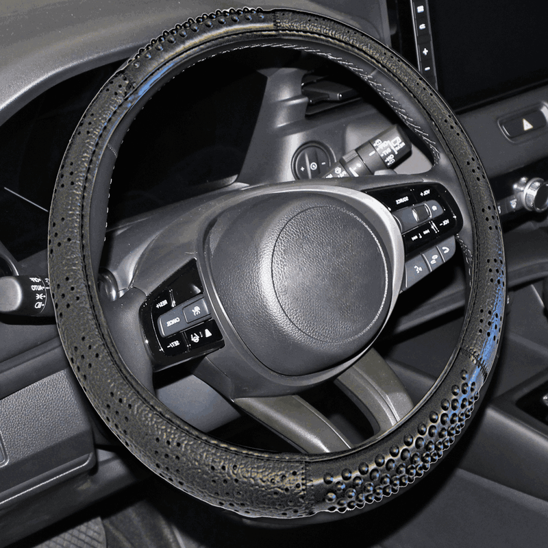 Car Steering Wheel Cover BLACK Glove Message Touch Dotted Leather Look +Caps