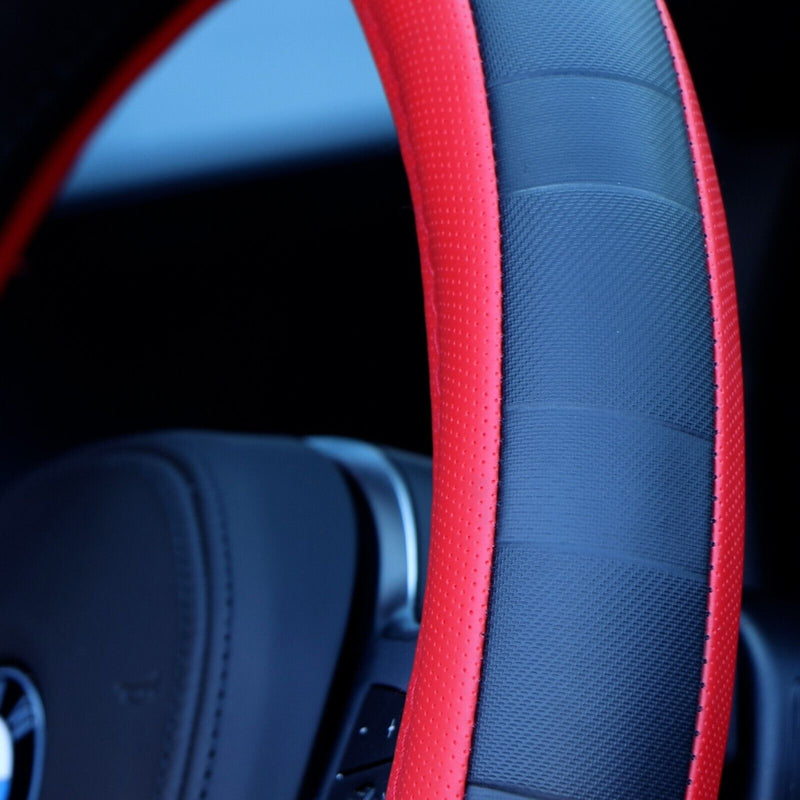 Car Steering Wheel Cover Glove Universal Sport Grip RED MATT BLACK +Caps