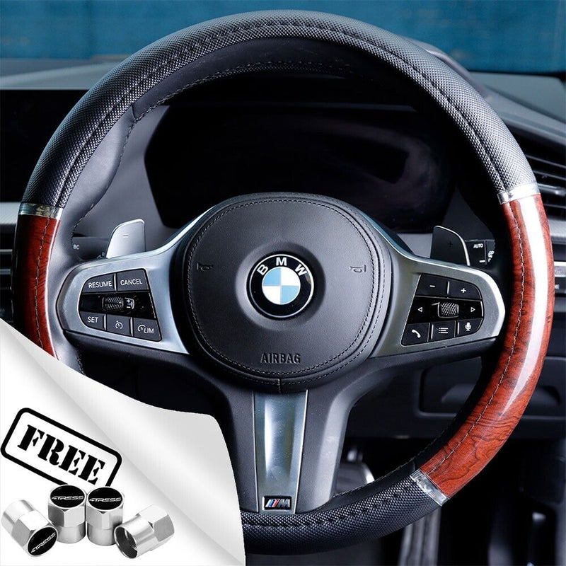 Universal BLACK & Walnut WOOD Effect Car Steering Wheel Cover Grip Glove +Caps