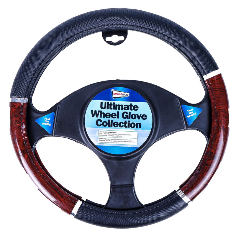 Universal BLACK & Walnut WOOD Effect Car Steering Wheel Cover Grip Glove +Caps