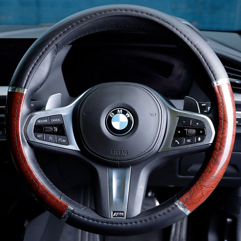 Universal BLACK & Walnut WOOD Effect Car Steering Wheel Cover Grip Glove +Caps