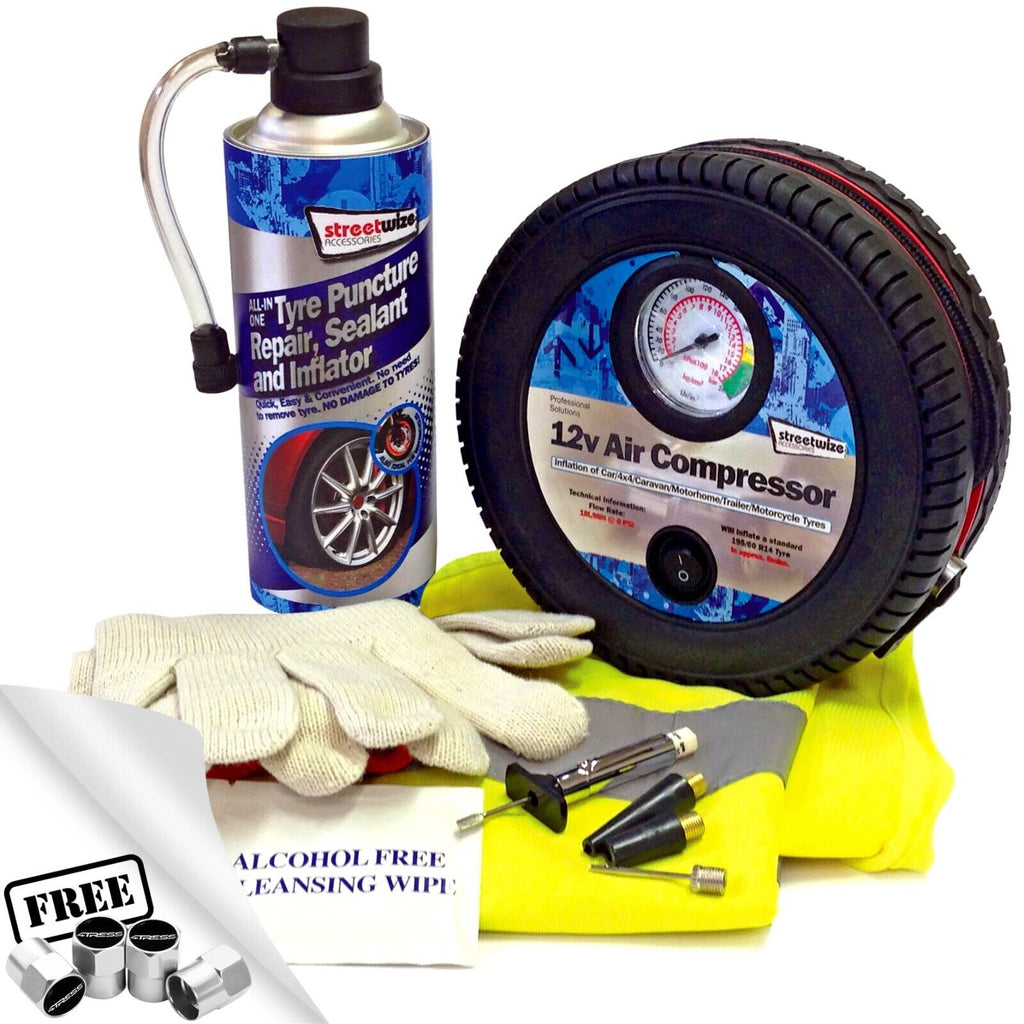 Car Tyre Emergency Puncture Repair Kit 12v Air Compressor Pump Inflator +Caps