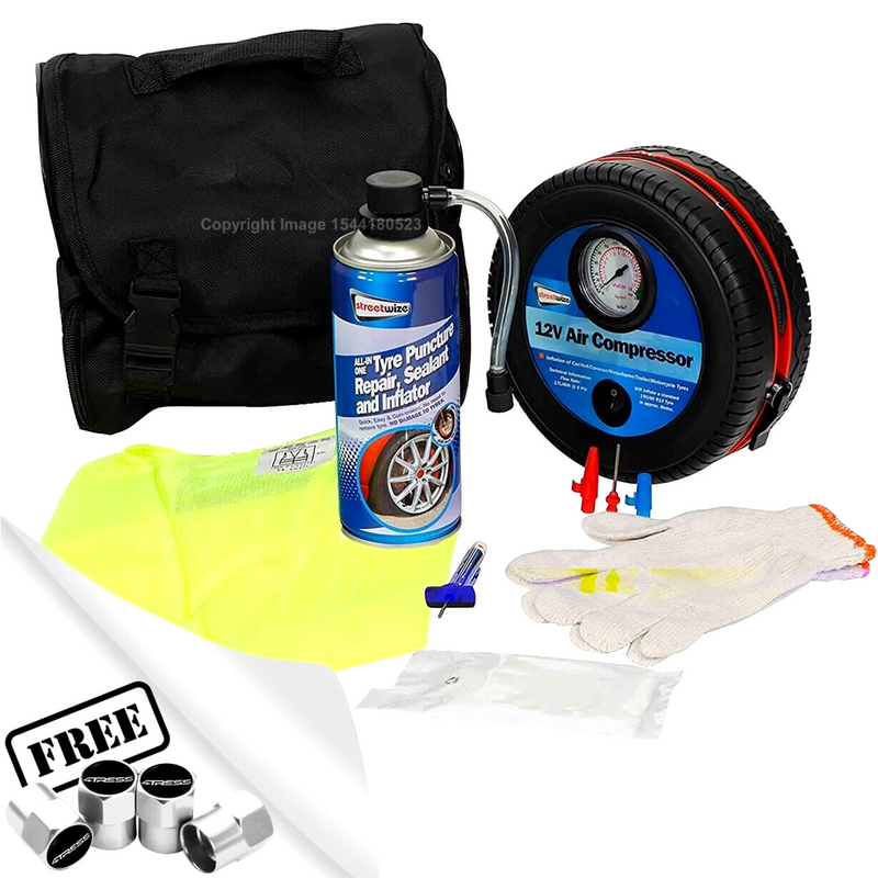 Car Tyre Emergency Puncture Repair Kit 12v Air Compressor Pump Inflator +Caps