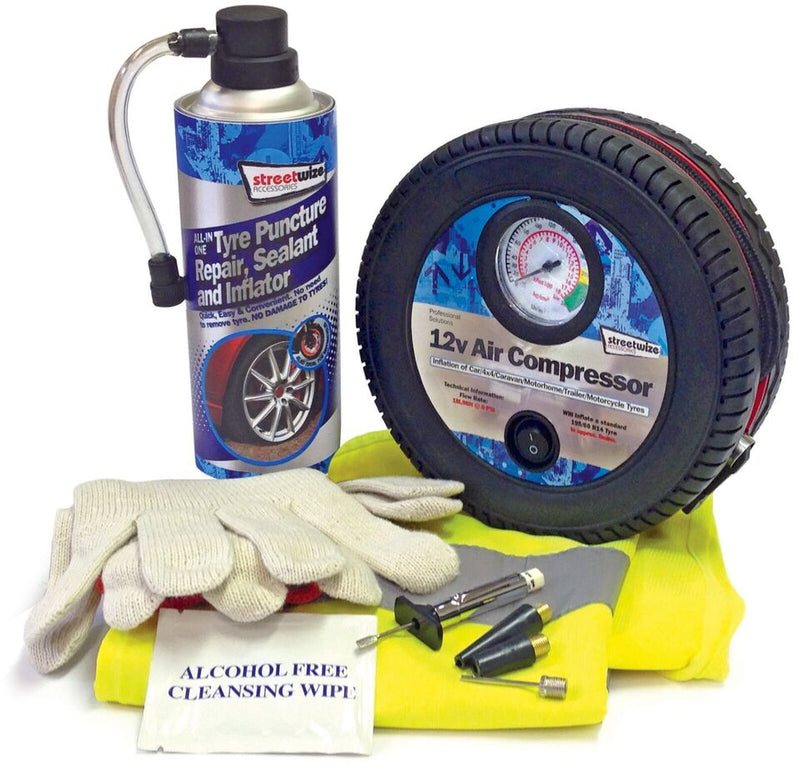 Car Tyre Emergency Puncture Repair Kit 12v Air Compressor Pump Inflator +Caps