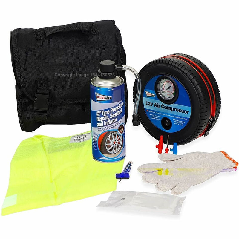 Car Tyre Emergency Puncture Repair Kit 12v Air Compressor Pump Inflator +Caps