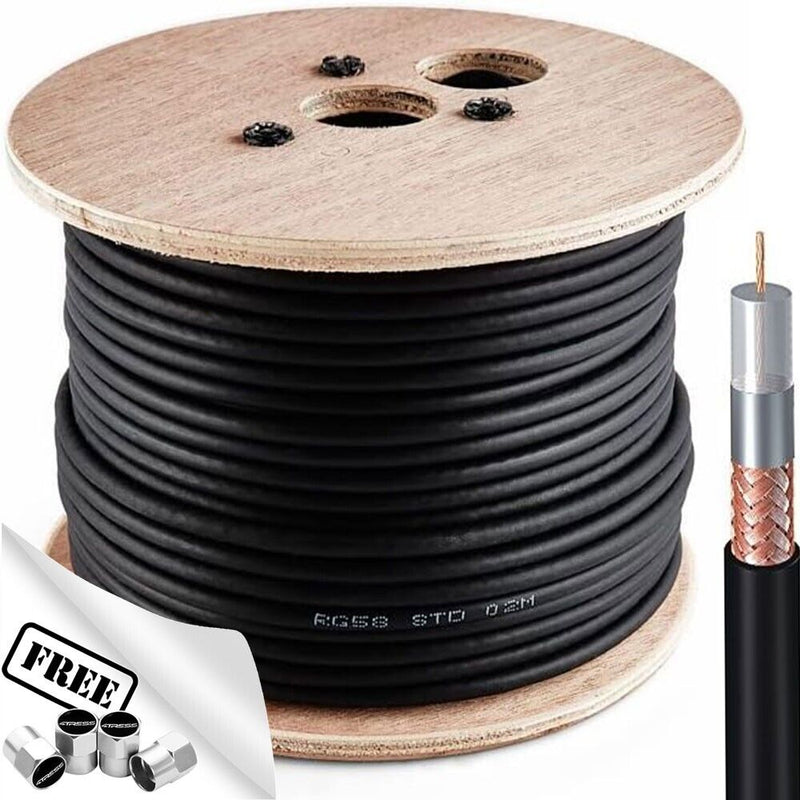 Black RG58 Coaxial Cable 50m Roll Drum 50 Ohm Stranded CB Radio Coaxial Cable +Caps