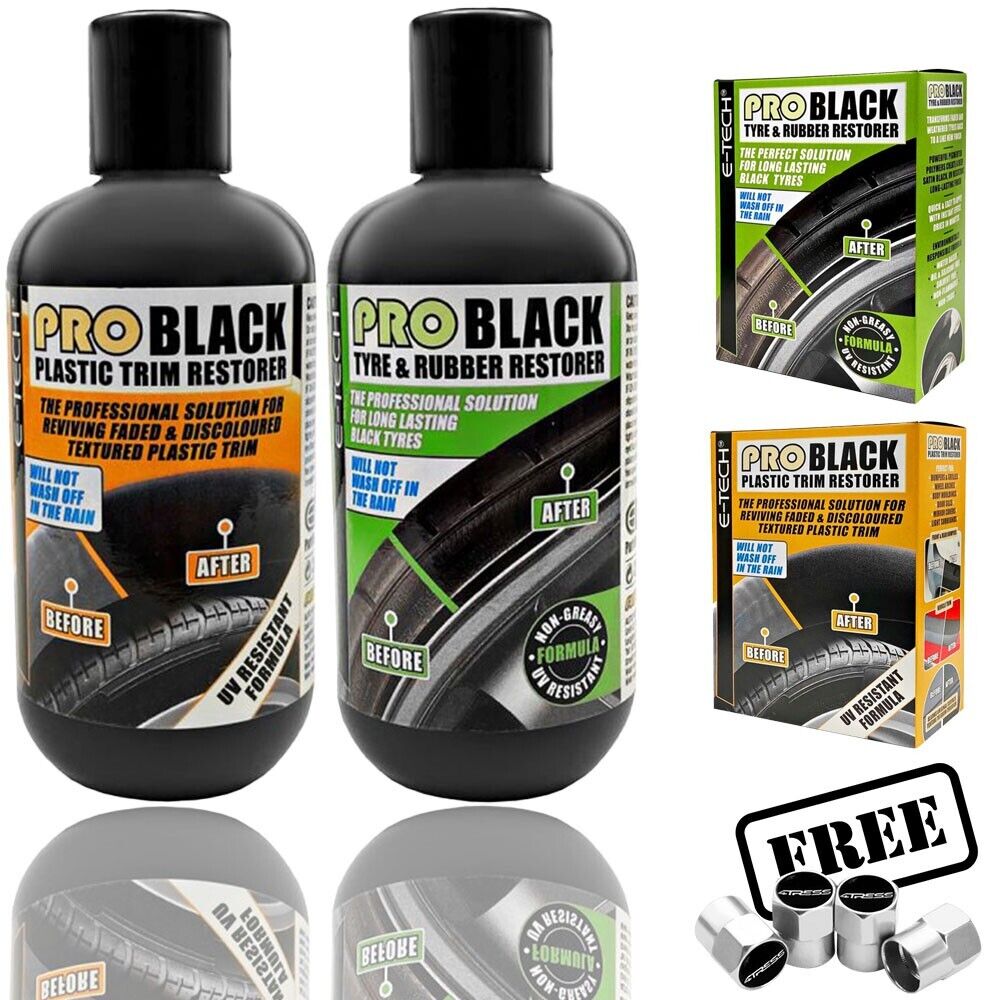 E-TECH PRO Black Plastic Trim Restorer + Tyre & Rubber Restorer Kit 236mL +Caps