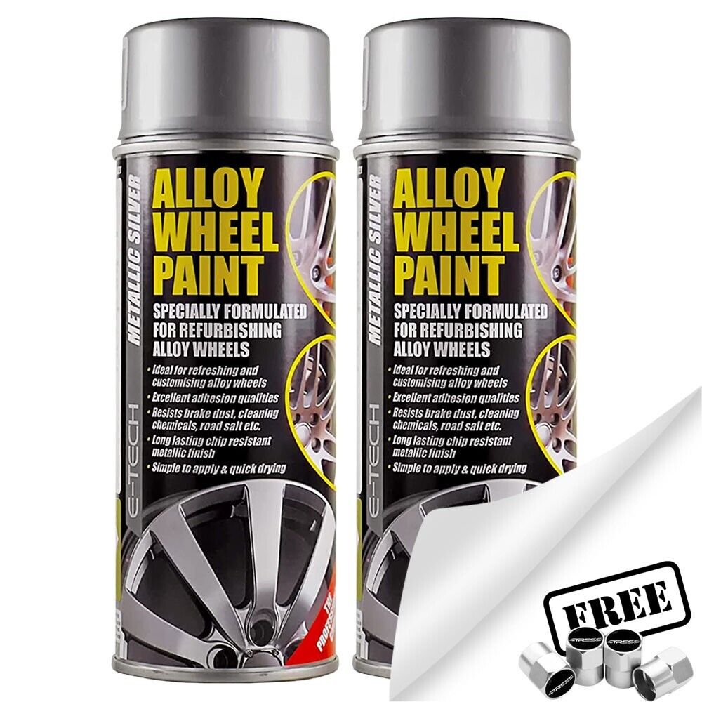 2x E-Tech Metallic Silver Car Alloy Wheel Refurbishment Spray Paint 400ml +Caps