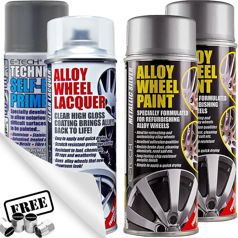 2 x E-Tech Car Alloy Wheel SILVER Spray Paint + Lacquer + Self-Etch Primer +Caps