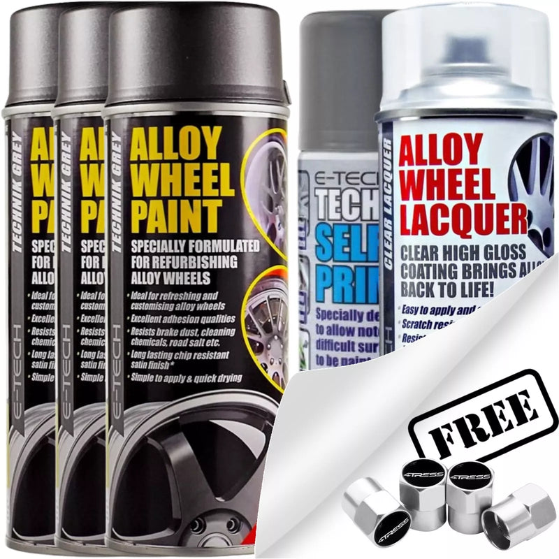 E Tech 3x Grey Car Alloy Wheel Spray Paint Self Etch Primer Clear Lacquer Caps