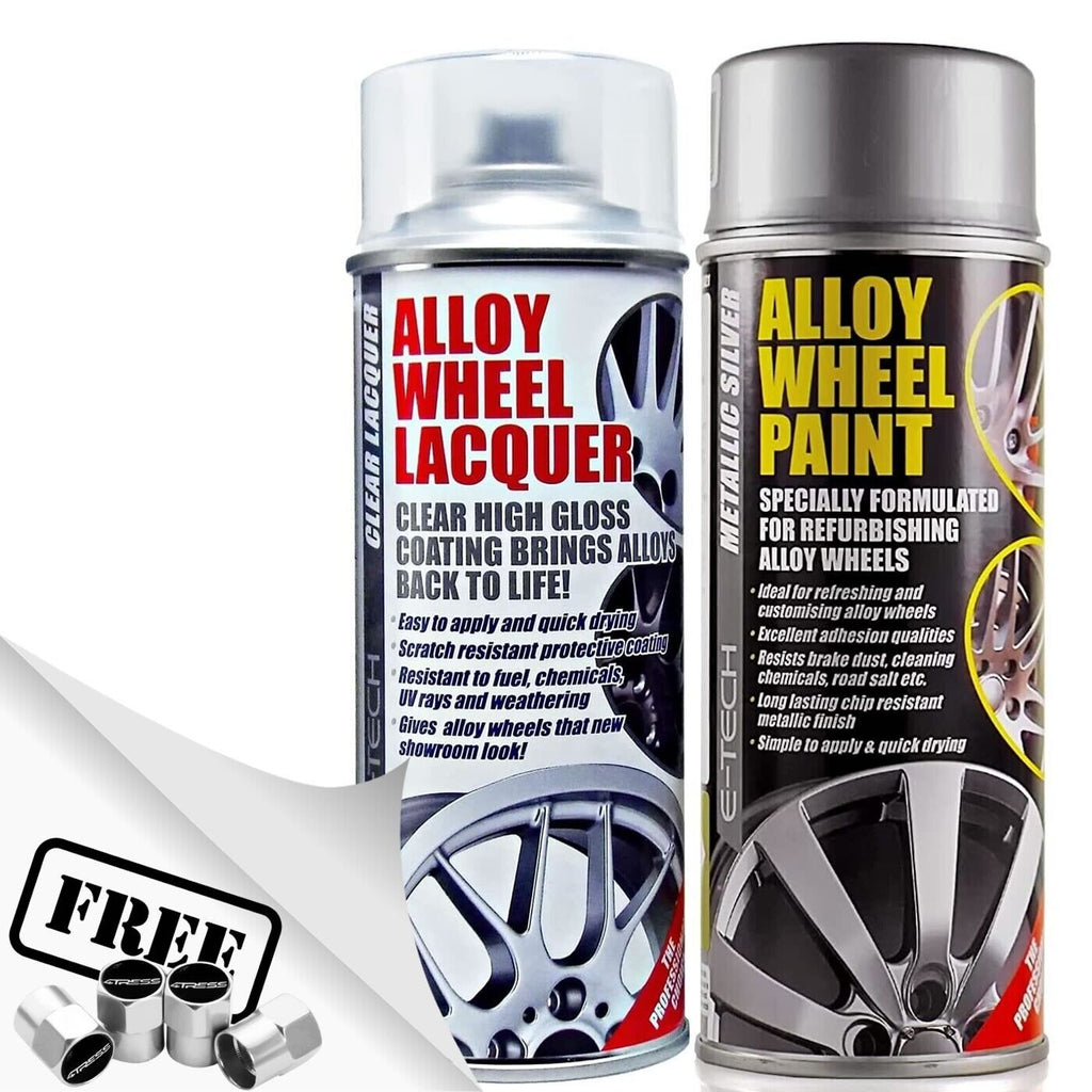 E-Tech Metallic Silver Car Alloy Wheel Spray Paint Can + Clear Lacquer +Caps