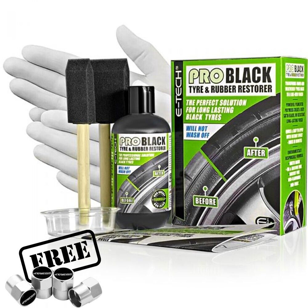 E-Tech Pro car Tyre & Rubber Restorer Kit Black 236ml Satin Finish +Caps